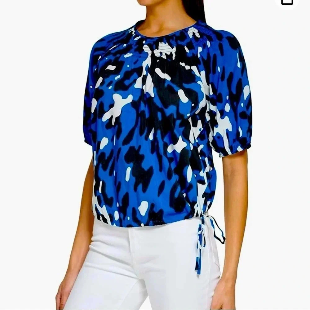 Calvin Klein Blue Abstract Print Short Sleeve Blouse